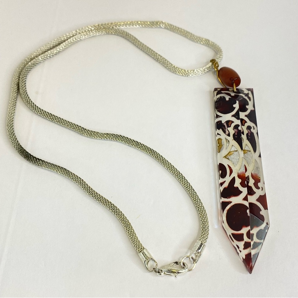Vintage Artisan‎ Glass Pyramid Pendant Necklace Silver Tone Chain Signed OOAK